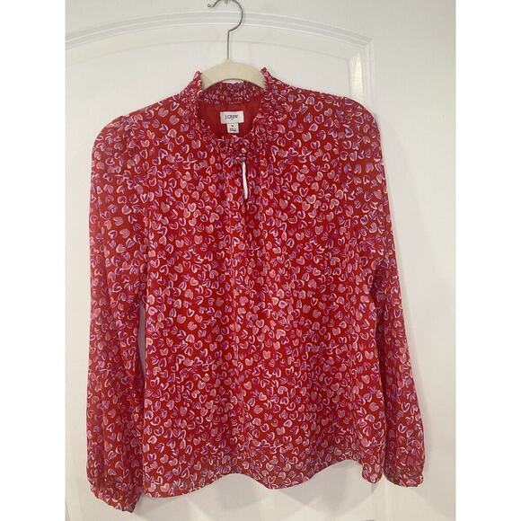 J.Crew Blouse S Keyhole Heart Print Red Pink Long Sleeve Top Valentine’s Day - Picture 7 of 10